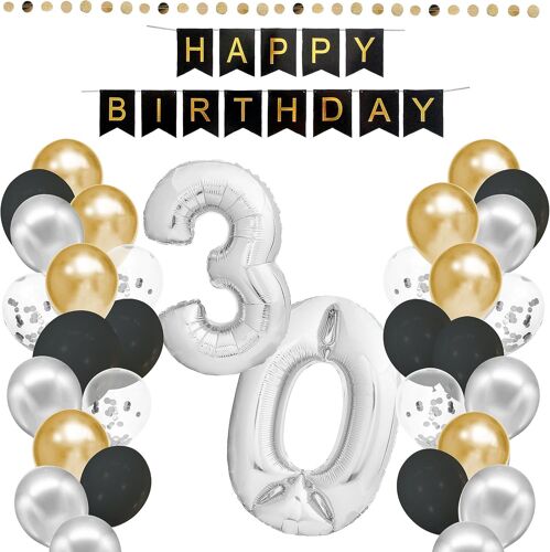 Decoration Anniversaire 30 Ans Argent - Deco Anniversaire Homme Femme - Ballon 30 Ans - Banniere Joyeux Banderole Guirlande