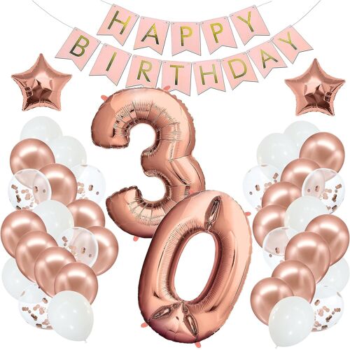 CAUC-® Decoration Anniversaire 30 Ans Or Rose - Deco Anniversaire Homme Femme - Ballon 30 Ans - Banniere Joyeux Banderole Guirlande