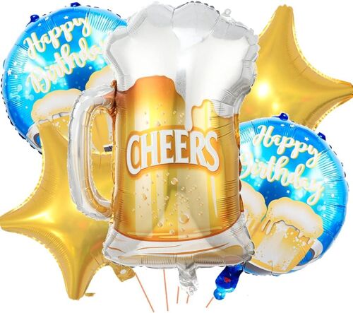 SJZG-Ballons Bière, 5 Pièces Ballon Bouteille De Vin Anniversaire Homme Gonflable Géant Ballon Bouteille Verres À Vin Aluminium Ballon Hélium Happy Birthday Décoration Anniversaire Femme