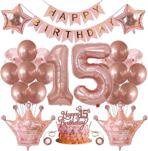 Décoration De 15 Ans Pour Fille - Décoration D'Anniversaire - Ballons - 15 Ans - Décoration D'Anniversaire - Décoration De Gâteau - 15 Ans - Décoration D'Anniversaire - Bannière Happy Birthday