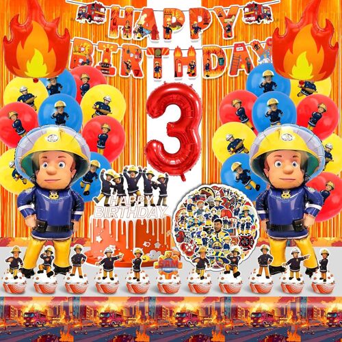 ChicSlick-Décoration Anniversaire Pompier 3 Ans,Ballon Anniversaire Pompier Enfant En Hélium,Pompier Thème Fête Deco,Kit Anniversaire Garçons Filles Avec Nappe Bannière Topper Gâteau Autocol[X1633]