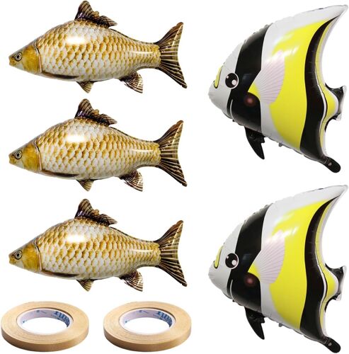 3 Ballons De Carassin Et 2 Ballons De Poisson Faucille, Équipés De 2 Rubans Dorés, De Ballons De Poisson Simulés, De Ballons En Aluminium, De Ballons De Fête