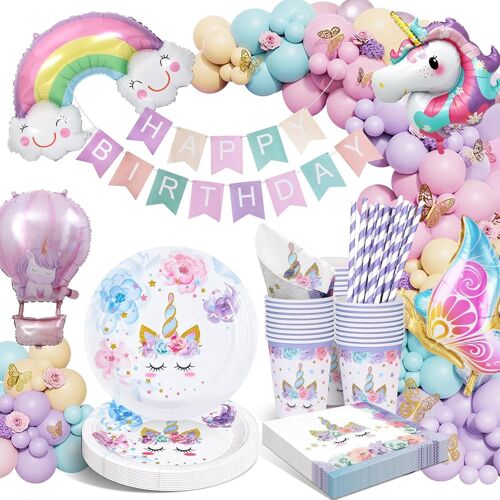 MEVRONISSHOP-Assiettes Anniversaire Licorne, Kit Deco Anniversaire Fille, Decoration Avec Ballon pour Fille Enfants Baby Shower 16 Invités