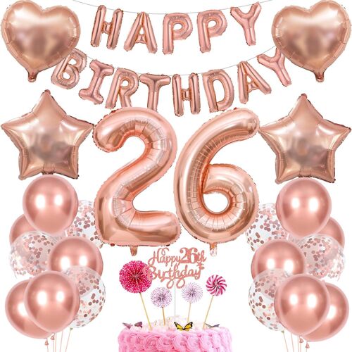 SJZG-Décoration 26E Anniversaire Femme - Gâteau, Cadeau, Ballon Or Rose Pour 26 Ans