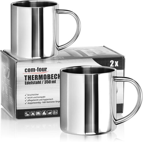 Sjzg-® 2x Tasses Thermiques En Acier Inoxydable - 350 Ml Par Tasse - Tasse Isolante À Double Paroi - Tasse À Café Incassable - Tasse À Boire Thermique - Va Au Lave-Vaisselle (350ml)
