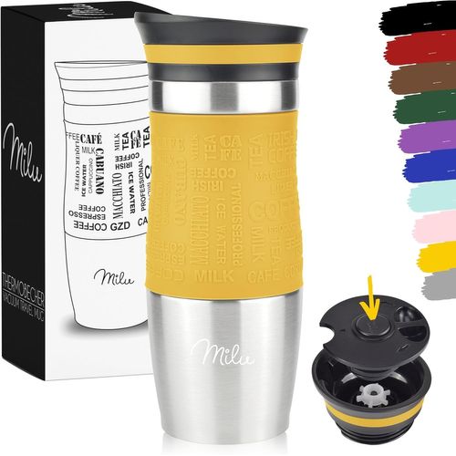 TIANYI-Mug Isotherme Etanche 370ml 450ml Thermos Café-Thé I Tasse isolée pour café et thé à emporter, Double Paroi Isolée sous Vide, Acier Inoxydable I Tasse de voyage Chaud & froid (Mangue, 370ml)
