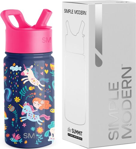 Jexnovashop-Bouteille D'eau Pour Enfants Avec Paille | Gobelet Thermique En Acier Inoxydable Isolé Réutilisable Pour Garçons Et Filles | Summit Collection | 415ml | Unicorn Rainbows