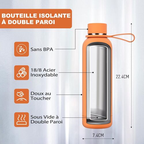 Gourde Isotherme 500ml - Bouteille Isotherme 500ml en 304 Acier Inoxydable sans BPA - 100% Étanche Idéal pour le Sport, Gym, Voyage - Orange