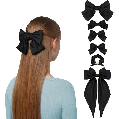 6 Pack Black Hair Bows For Women, Oversized Hair Clips Soft Silky Ribbon Bows Black Satin Bows Black Hair Bows Long Tail Hair Clips Hair Accessories Gift For