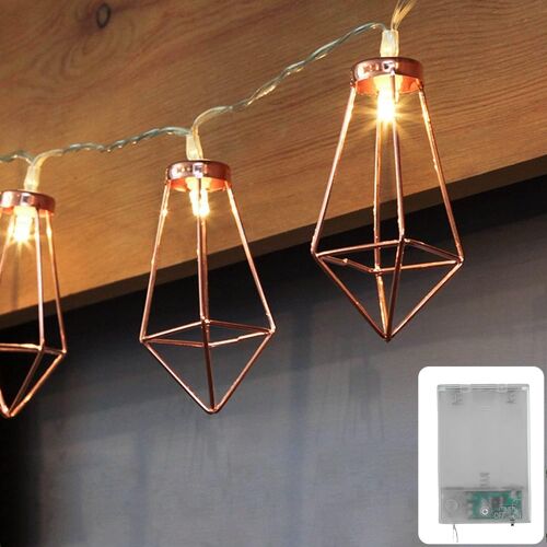 Tianyi-Cozyhome Guirlande Lumineuse À Led Géométriques En Cuivre - 4 Mètres - Fonctionne Sur Piles- 10 Led Blanc Chaud - Forme Pyramidale - Cuivré/Or Rose - Guirlande Led Chambre - Pour Decoration Ch