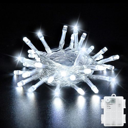 Guirlande Lumineuse, 3m 30 Led Blanc Froid Guirlande Lumières Chambre Avec 6h De Minuterie, Ip65 Guirlande Lumières Pile Pour Les Décorations De Noël D'intérieur Et D'extérieur
