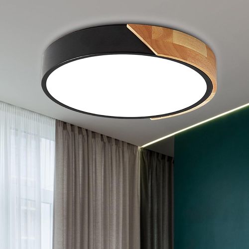 Plafonnier Led Noir, Ø 30 Cm, Plafonnier En Bois, Plafonnier Led Rond Moderne En Bois 24 W, Lumière Blanche 6 500 K, Luminaire De Plafond Pour Salon, Cuisine, Chambre, Couloir, Salle À Manger, Balcon