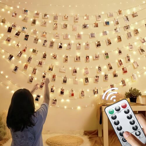 TRAHOO-Guirlande Lumineuse Photo,12M 120LED Guirlande Lumineuse Interieur Photo Chambre LED Avec 52 Photo Clips,Batterie/USB Alimenté,Guirlande Photo pour Accroche Photo, Mariage, Noël