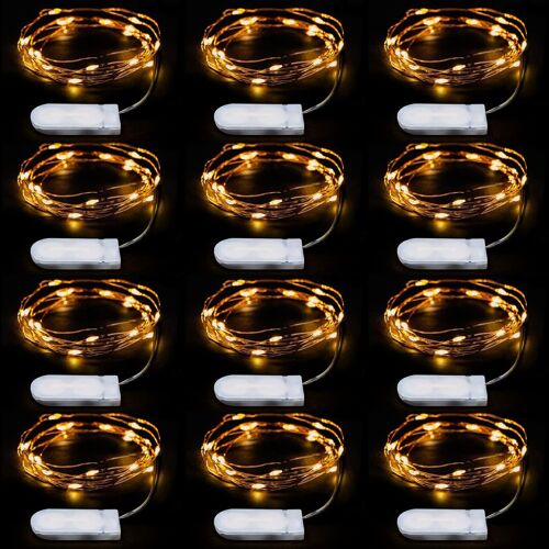 Guirlande Micro Led En Fil De Cuivre 2m, 20 Led, Guirlande Led À Pile Cr2032 | Led Guirlande Lumineuse Chambre, Intérieur Deco Pour Mariage, Noël, Fête, Couleur Blanc Chaud | Lot De 12 Pièces