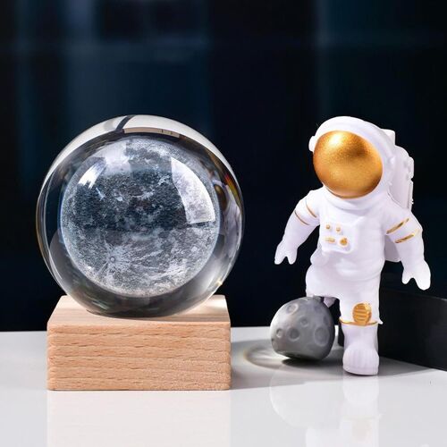 TRAHOO-Veilleuse en boule de cristal 3D, système solaire USB 3D, planète, boule de cristal, veilleuse créative scène de nuit astronomique, lampe à LED, avec socle en bois, système solaire 3D (lune)