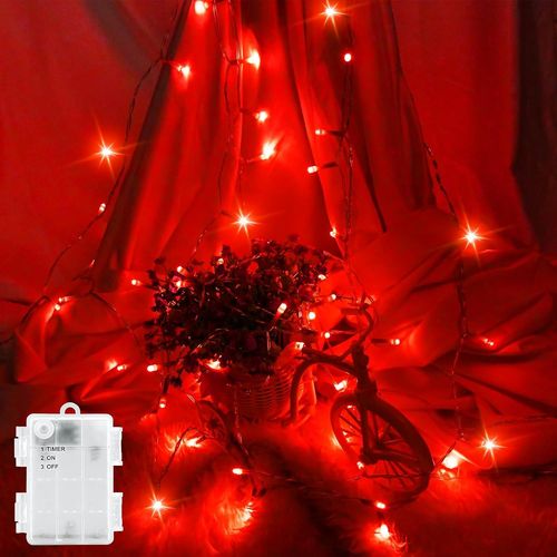 Kal-Guirlande Lumineuse Led D'extérieur Avec Batterie Étanche 3 M - Minuterie Pour Balcon, Fenêtre, Porte, Murs, Chambre D'enfant, Chambre À Coucher, Halloween, Noël, Mariages, Rouge
