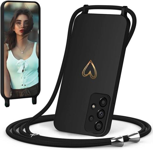 LORANKA-Coque avec Cordon pour Samsung Galaxy A52S 5G/A52 5G, Coque de Cellulaire Corde Silicone Étui en Motif Coeur avec Réglable Collier Téléphone Chaîne Lanyard Case Housse pour A52 4G/5G, Noir