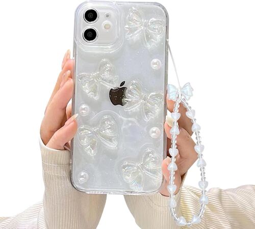 Compatible avec iPhone 11 Coque Chaîne Bracelet Transparent Glitter Mignon Noeud Arc et Aesthetic Perles pour Femme Fille Housse de Telephone