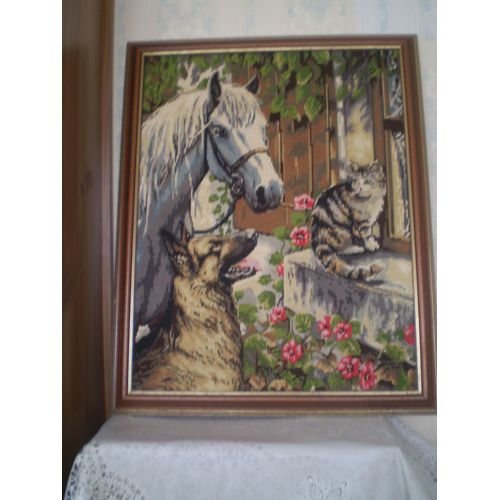 Canevas Tableau Tapisserie Encadré * Cheval Chien Et Chat De 1980