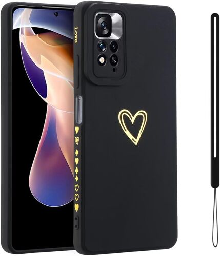Coque Pour Xiaomi Redmi Note 11 4g/11s 4g,Ultra Fine Antichoc Housse En Silicone Souple Doux Tpu Etui Avec Motif Coeur D'amour Dore Mignon/Protection Camera,Belle Case Pour Femme/Fille-Noir