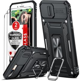 Coque Pour Iphone 8 Plus Et 7 Plus - Cache Caméra Coulissant, 2 Verres Trempés, Anneau Support - Pc Dur + Tpu Renforcé Antichocs Antirayures Noir