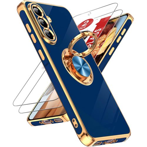 Case For Samsung Galaxy A56 5g With 2 Tempered Glass Screen Protectors And Phone Ring 360° Rotating, Slim Soft Tpu Shockproof Case Cover For Samsung A 56 5g ¿ Blue