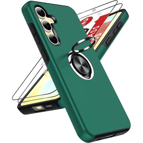 Coque Antichoc Pc+Tpu Pour Samsung Galaxy S24 Fe + 2 Verres Trempés, Anneau Support Discret Rotatif 360°, Protection Renforcée Style Militaire - Vert
