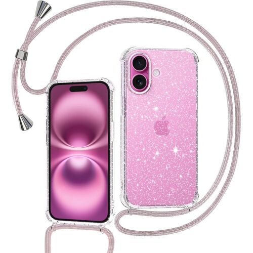 KALANKA-Coque pour iPhone 16 avec Cordon, Collier Coque Glitter Transparent Paillettes Etui TPU Bumper Silicone Case avec Chaîne Lanière Housse - Or Rose