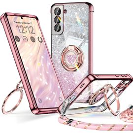 Coque Pour Samsung Galaxy S21 Fe Con Cordon, Mignonne Et Luxueuse, Double Anneau Motif C?ur D'amour Pour Femmes Et Filles, Pailleté Souple Coque Samsung S21 Fe, Or Rose