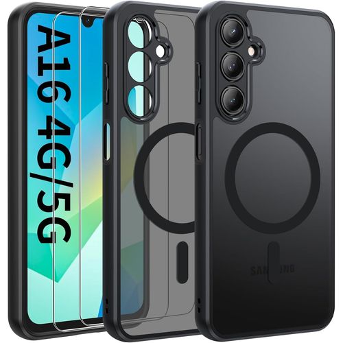 Coque magnétique pour Samsung Galaxy A16 (5G/4G) avec 2 verres trempés - Compatible MagSafe, protection anti-chocs grade militaire, dos translucide anti-empreintes, noir
