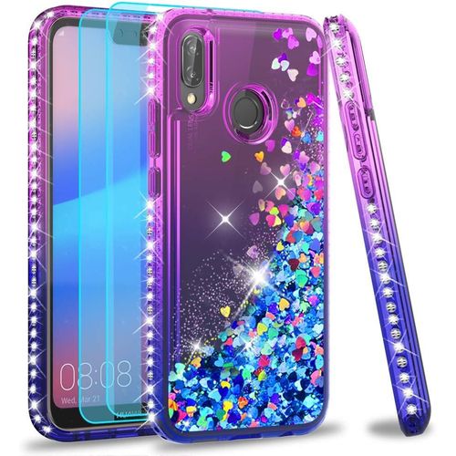 Huawei P20 Lite Case With Tempered Glass [2 Pack], Liquid Glitter Transparent 3d Tpu Silicone Shockproof Kawaii Diamond Protection Case For Huawei P20 Lite/Nova 3e Purple Blue