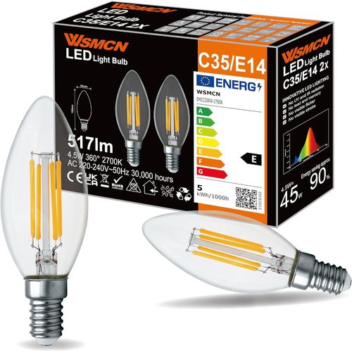 Ampoule Led E14 C35 Blanc Chaud 2700 Kelvin 4,5 W Équivalent À 45w Ampoules À Incandescence,Forme De Bougie Non Dimmable Lampe Incandescente,517 Lumens Angle De Faisceau 360°,Lot De 2