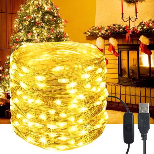 KAL-Guirlande Lumineuse Led Usb, 10 M, 100 Led, Étanche, Avec Interrupteur, Micro Fil De Cuivre, Pour L'Extérieur Et L'Intérieur, Pour Bricolage, Noël, Chambre, Fête, Mariage, Blanc Chaud