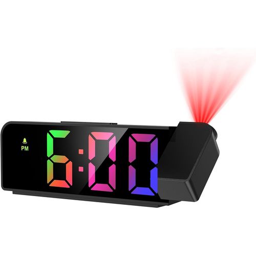 SEPT-Reveil Projecteur Plafond, Réveil Projection Projecteur 180°, Horloge Digitale, Réveil Numérique LED 7.9"", 4 Luminosités Réglable, Snooze, Mode Nuit, Température, Maison, Chiffres Colorés