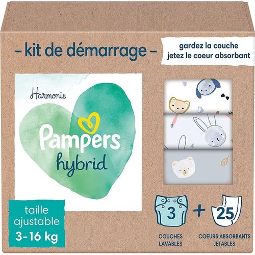 Kalanka-Harmonie Hybrid, Kit De Démarrage, 3 Couches Lavables + 25 C?urs De Protection Jetables, Absorption Normale, Protège La Peau Sensible Des Bébés, Avec Ingrédients D`Origine Végétale, 0% Parfum