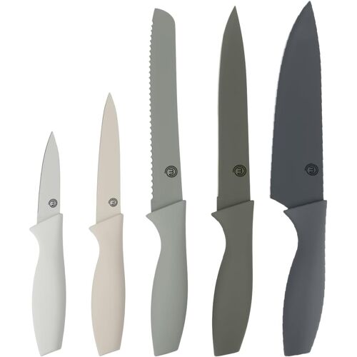 Jexnovashop-Set Couteau Cuisine, Couteaux Compris Le Hachoir, Office, Chef, Legume & Eplucheur, Set Noir Inox Avec Poignées Confortables, Collection Antirouille, Gris, 5 Pièces
