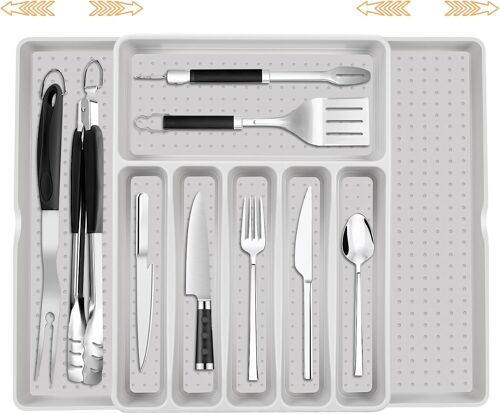 Sjzg-Range Couverts Pour Tiroir, Plateau D'ustensiles Extensible Pour Tiroir, Organisateur De Cuisine, Insert À Couverts Pour Tiroirs, Pour Cuillères, Fourchettes, Couteaux, Grand (Gris)