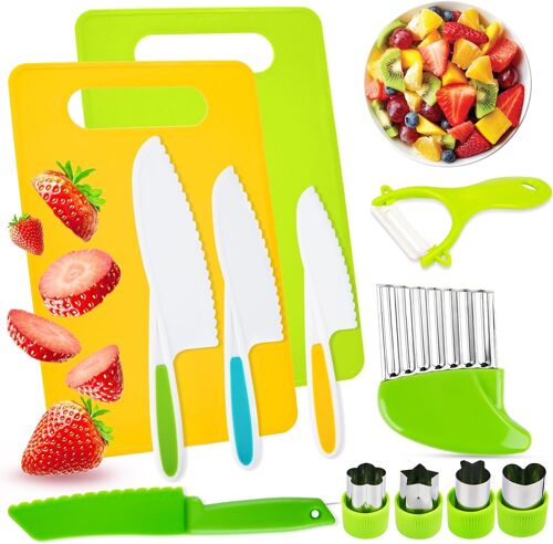 Kit Couteau Pour Enfants, 12 Pièces De Cuisine Montessori Avec Couteau Ondulé, Planche à Découper Et éplucher Pour Cortar Bolos Des Fruits Ou Légumes