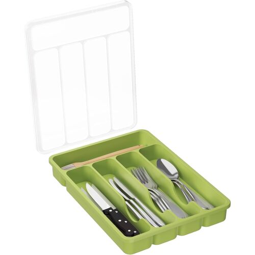 Sjzg-Range Couverts Pour Tiroir Avec Couvercle, Boîte De Rangement Couverts De Cuisine, Organisateur De Couverts En Plastique, Pour Cuillères Fourchettes, Couteaux, 5 Compartiments, Vert