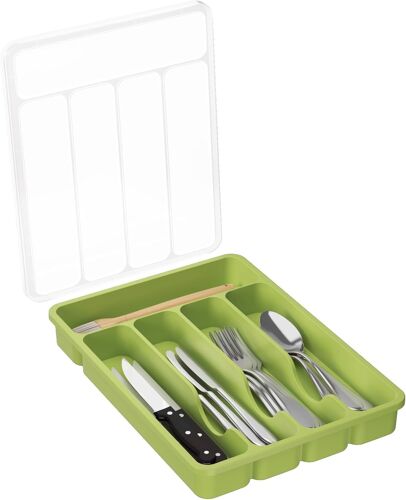 Sjzg-Range Couverts Pour Tiroir Avec Couvercle, Boîte De Rangement Couverts De Cuisine, Organisateur De Couverts En Plastique, Pour Cuillères Fourchettes, Couteaux, 5 Compartiments, Vert