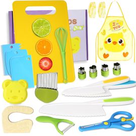 TTA-Lot de 20 Couteaux de Cuisine pour Enfants, Kit Couteaux de Sécurité pour Couper Fruits ou Légumes, Couteau Montessori Enfants avec Couteau en Bois, Planche à Découpe, pour Cadeau de Noël ou d'an