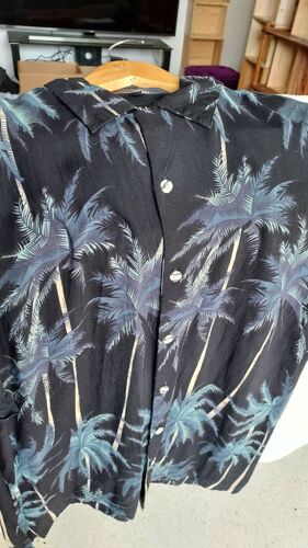 Chemise Hawaiienne Caribbean Blues Usa Taille Large 100 % Rayon Palmiers Bleus Verts Beiges Sur Fond Noir Très Douce Au Toucher Fabriquée Au Bengladesh 242 Grammes