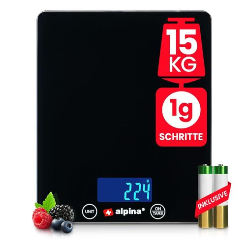 Kalanka-Alpina Balance De Cuisine Numérique - Jusqu'à 15 Kg Par Incréments De 1 G - 22,5 X 18,5 X 2 Cm - Fond En Verre Trempé - G, Kg, Ml, Oz, Fl¿Oz, Lb:Oz - Noir