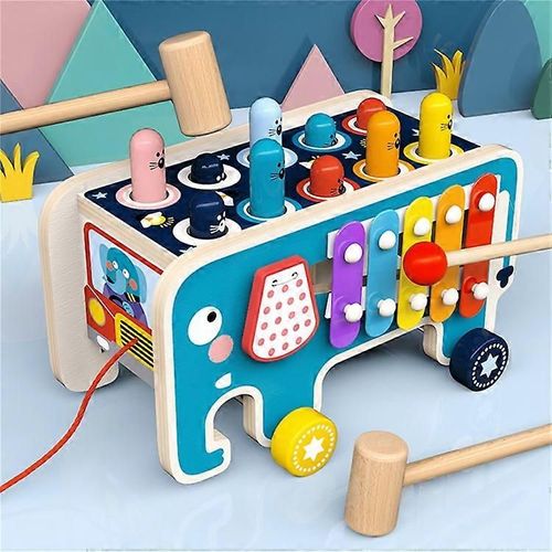 Jouet éducatif pour enfants, percussions pour bébé, frappe une taupe, chariot en bois pour éléphant, frappe un hamster-Bleu