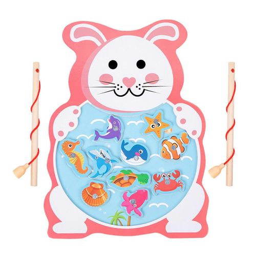 Jeu de pêche magnétique pour tout-petits, jouet de reconnaissance des formes et des couleurs, pingouin en bois-Lapin