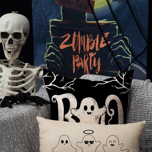 Lot de 4 coussins d'Halloween 45,7 x 45,7 cm, motif fantôme noir et blanc, pour décoration de canapé, lit ou voiture
