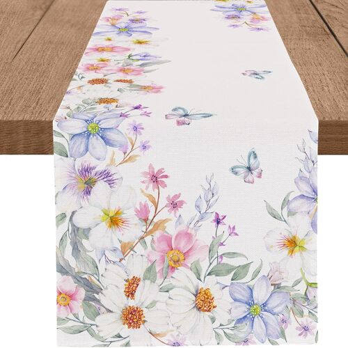 Chemin De Table Floral Printanier Et Estival De 33 X 183 Cm (13 X 72 Pouces) Avec Papillons Et Fleurs Sauvages Colorées À L'aquarelle. Décoration De Table En Toile De Jute Pour La Cuisine Et La Sall