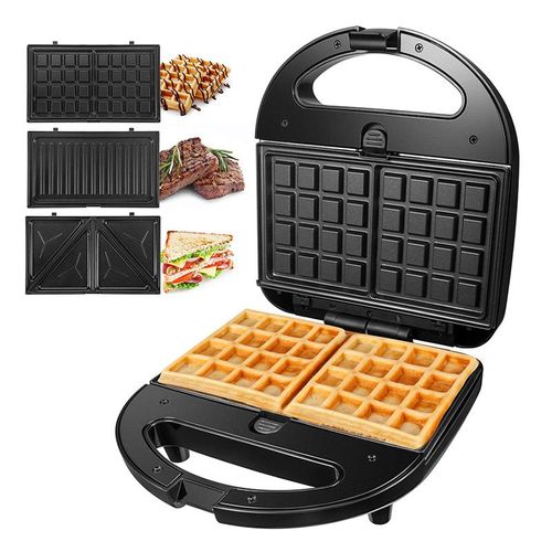 Appareil à sandwich 3 en 1, gaufrier, presse à panini, 750 W, avec 3 plaques antiadhésives interchangeables, écran LED et poignée Cool Touch