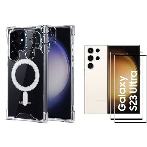 Coque Silicone Transparente Compatible Magsafe + Verres Trempes Et Protections Camera Arriere Transparent X2 Pour Samsung Galaxy S23 Ultra Little Boutik©