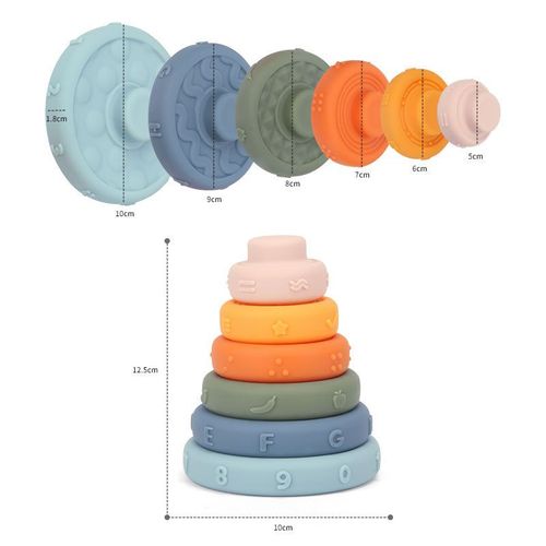Jouet d'éveil en silicone souple 4,9''x3,9''x3,9'', 6 anneaux empilables colorés pour bébé dès 6 mois, favorise développement sensoriel, motricité fine, reconnaissance formes et couleurs